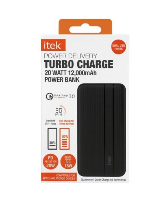 New Itek Power Delivery Turbo Charge 20 Watt 12,000mAh Power Bank, Black