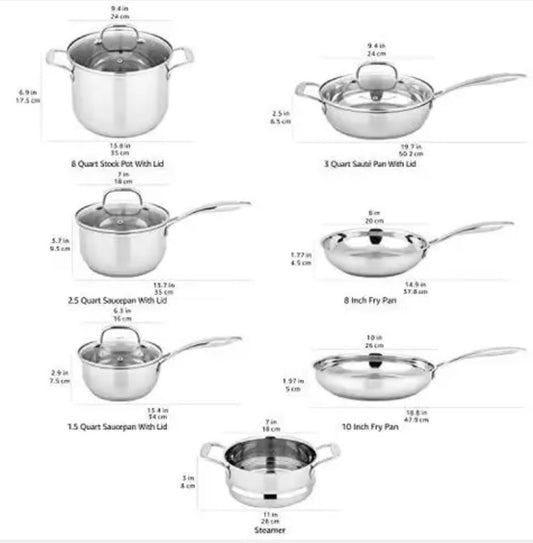 New Other - Amazon Basics Stainless Steel Cookware 11-Piece Set, Silver - (READ)