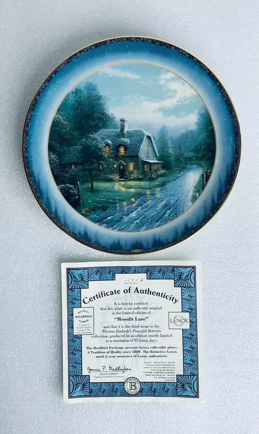thomas Kinkade's Peaceful Retreats "Moonlit Lane" Round Plate With COA
